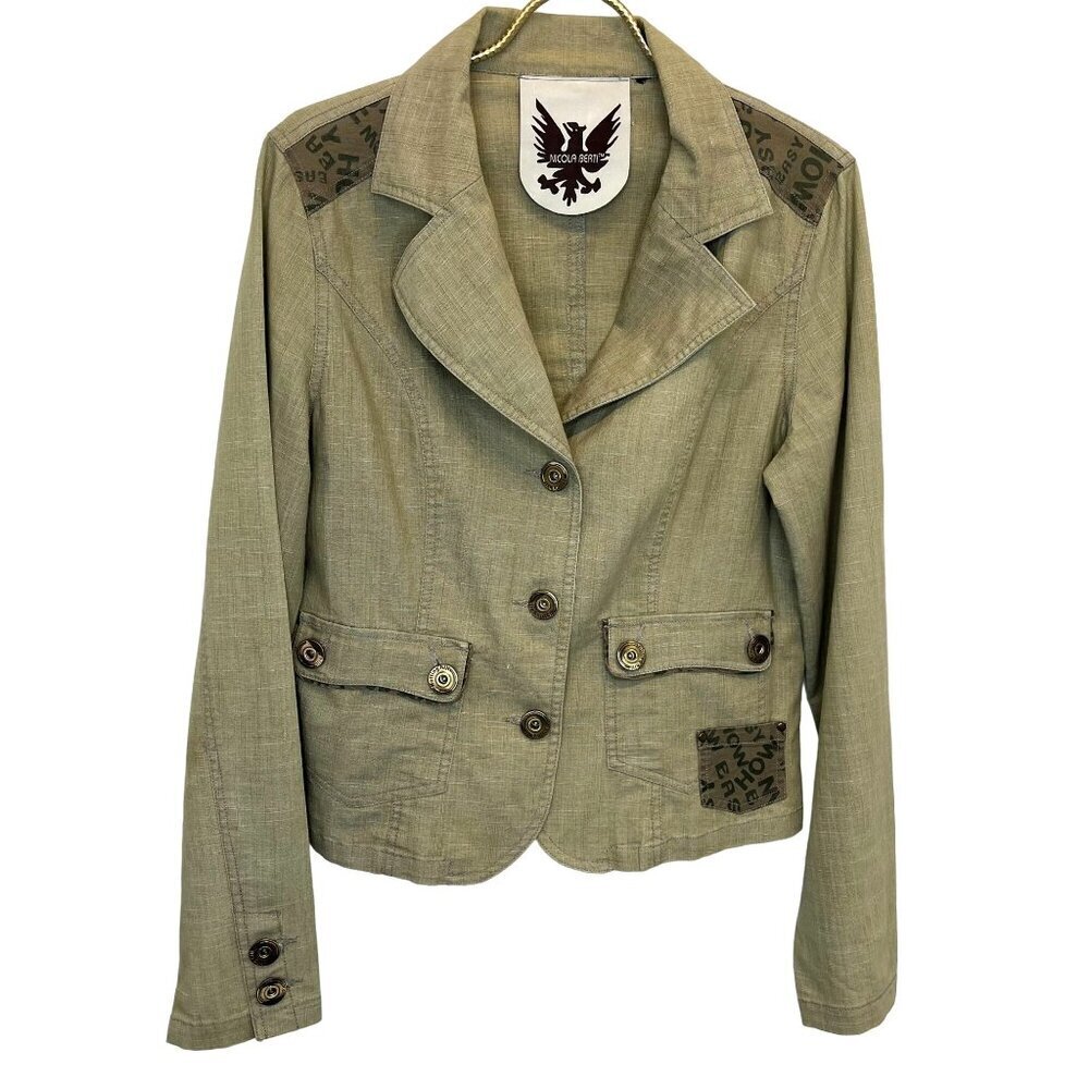 Nicola Berti Embellished Art Blazer Jacket Ladies Size Small Khaki Color Utility
